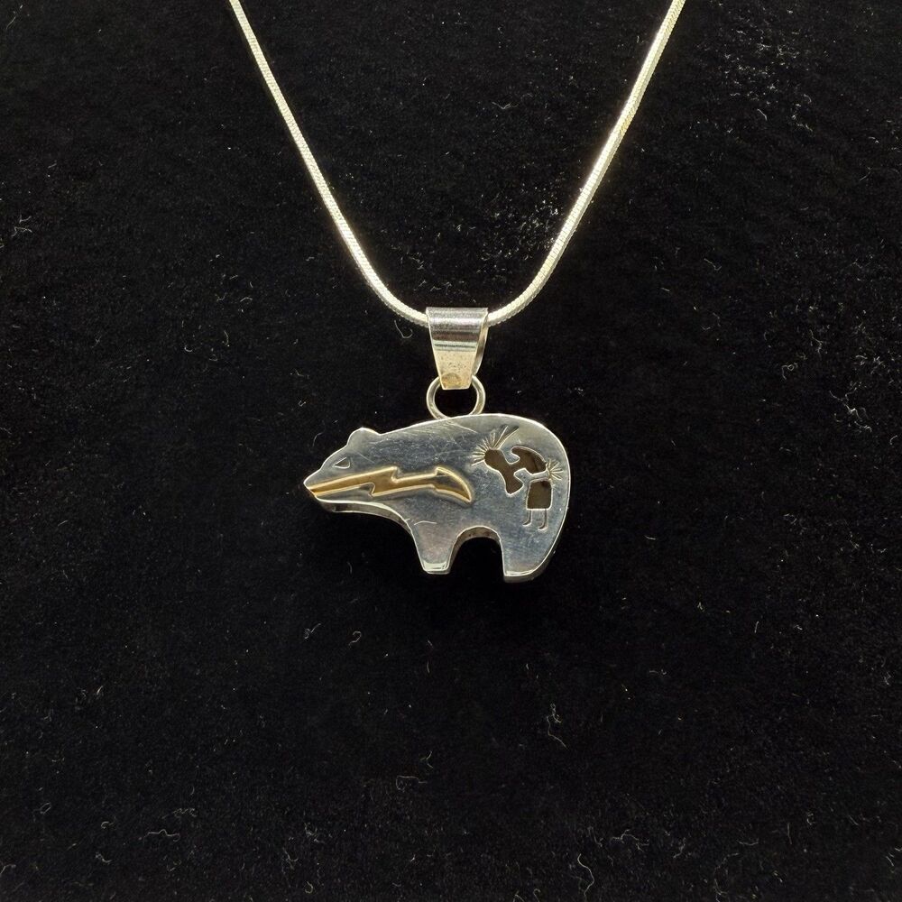 Vintage 925 Sterling Silver Kokopelli Bear Pendant Necklace Southwestern